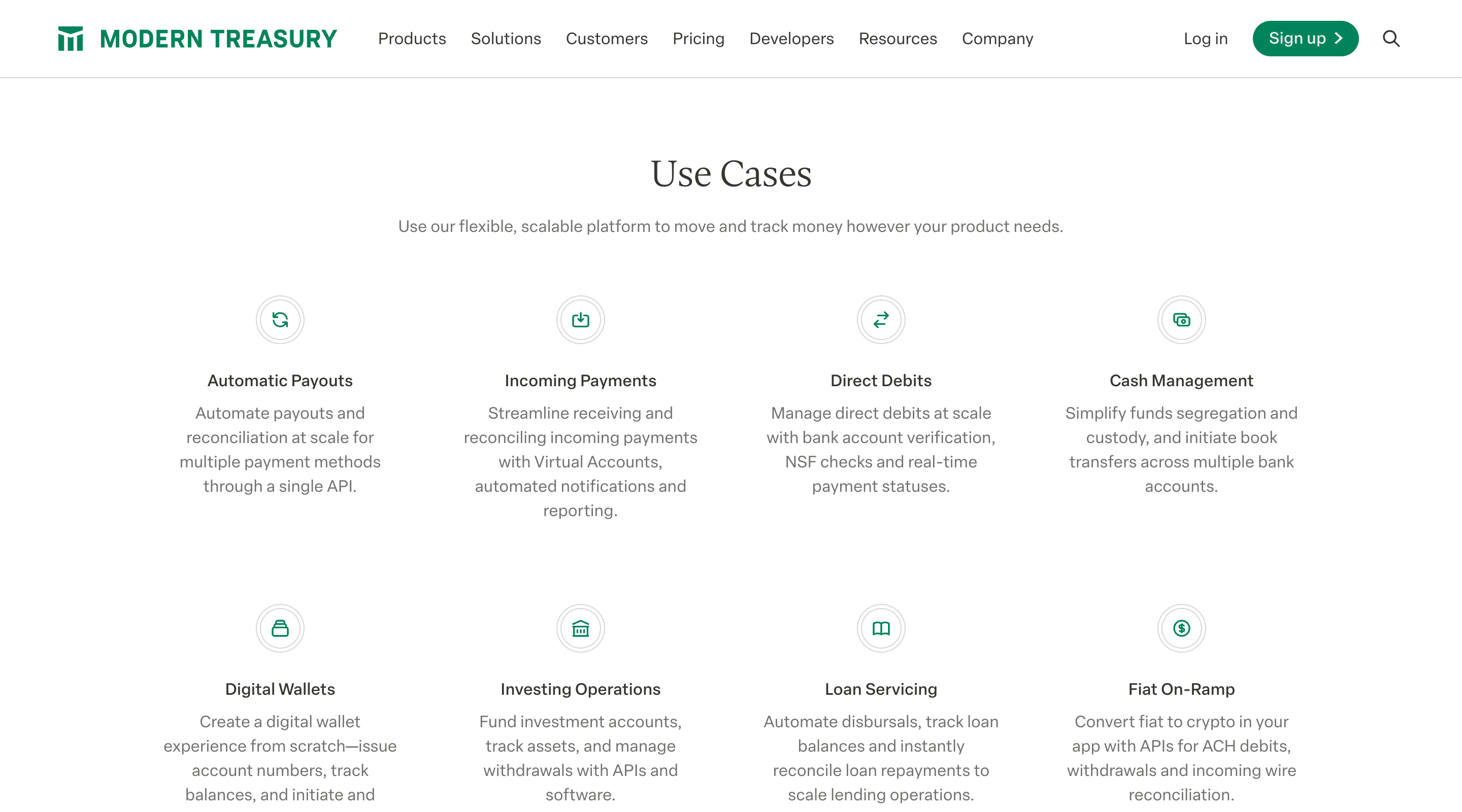 Screenshot of the 'Use Cases' section of the Modern Treasury website. The header contains the Modern Treasury logo, main site navigation,'log in' and 'sign up' buttons, and a search button. The main part of the page contains a list of use cases in a grid layout with four columns and two rows. Each item has an icon, a title, and a short description.