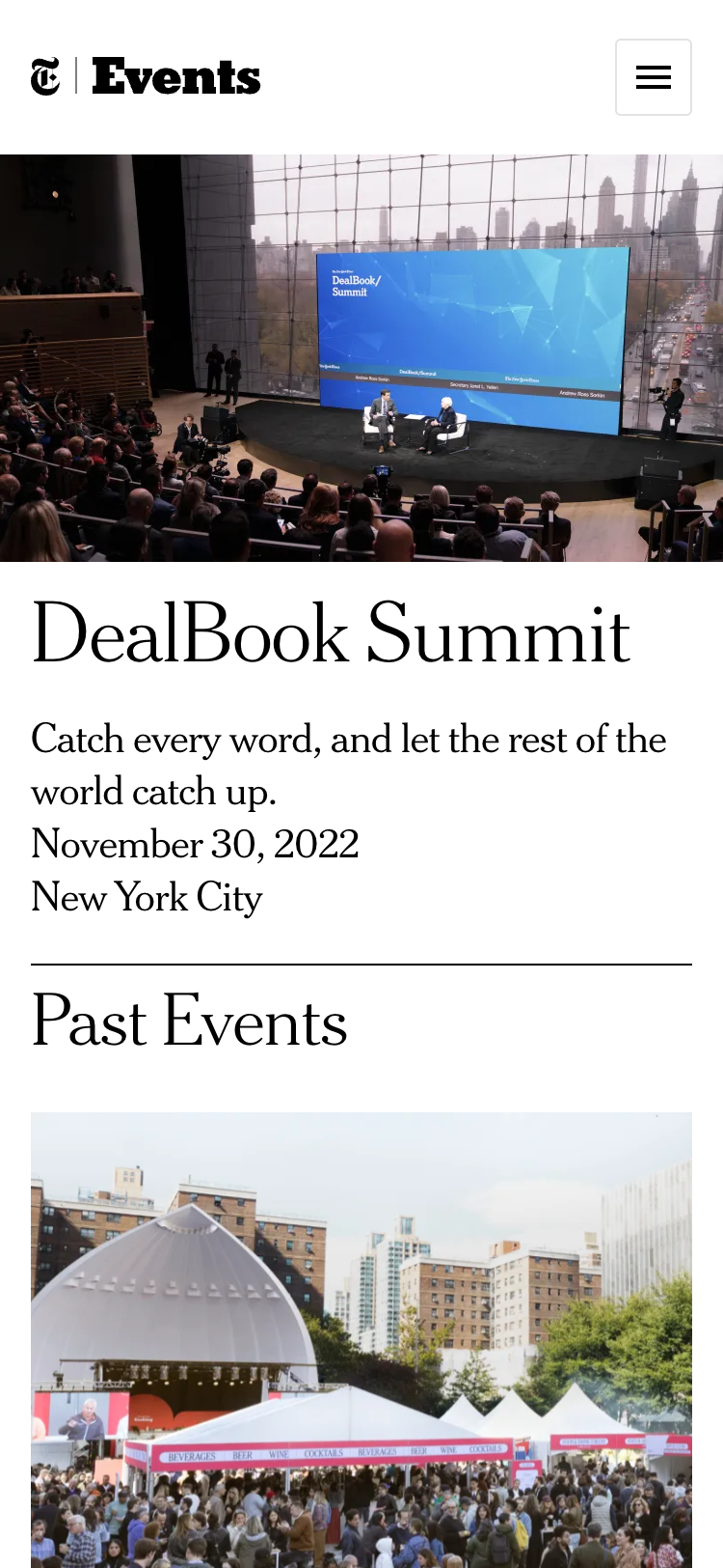 Screenshot of the Events site homepage on a 375-pixel width mobile device, which features the latest event at the top with an image, name, description, date, and place. Below is a list of past events where we can only see part of the first image above the fold.