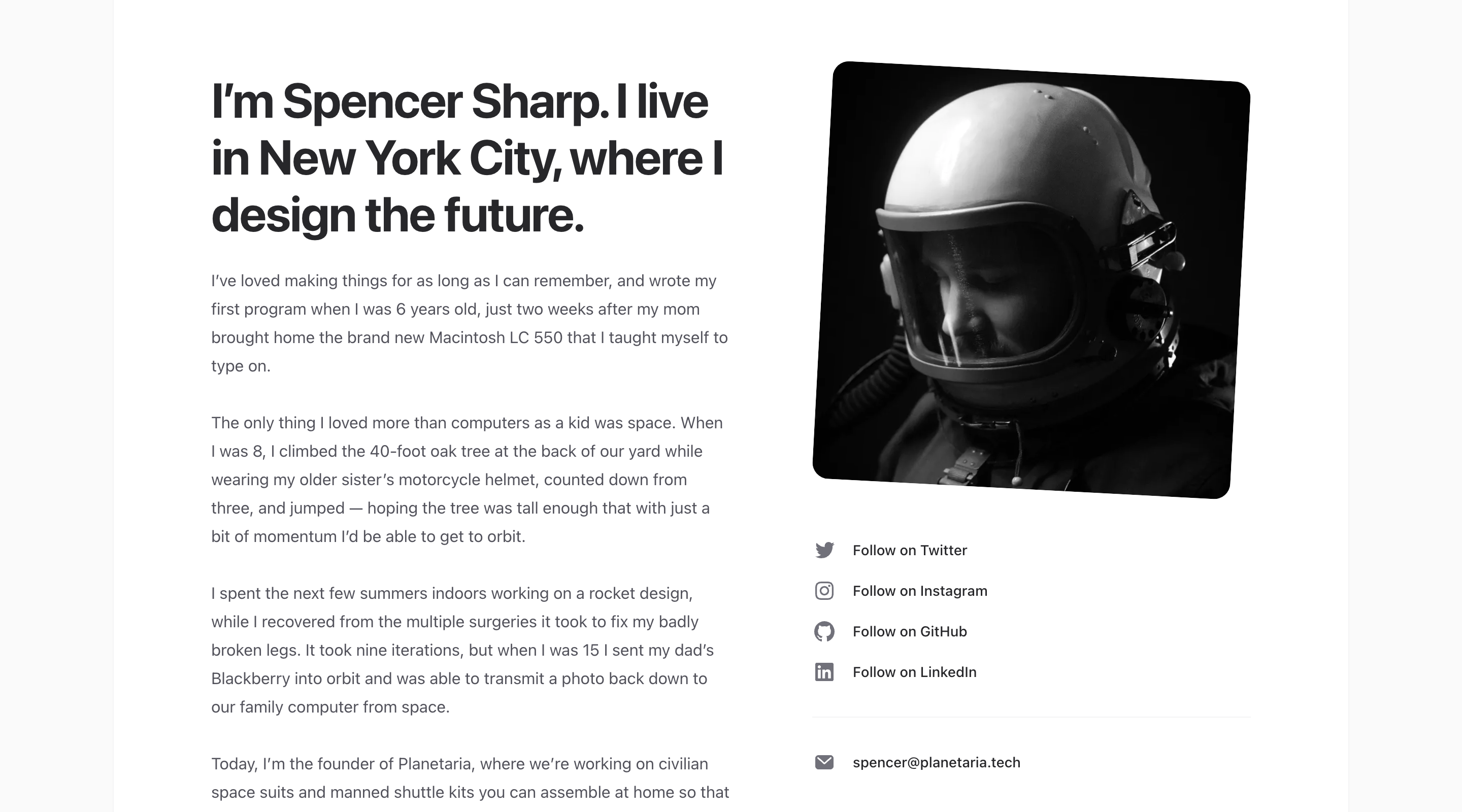 Screenshot of the Spotlight Tailwind UI template about page. On the left side of the screen is a series of paragraphs about the author's life. On the right is a photograph of the author and links to various social media profiles.