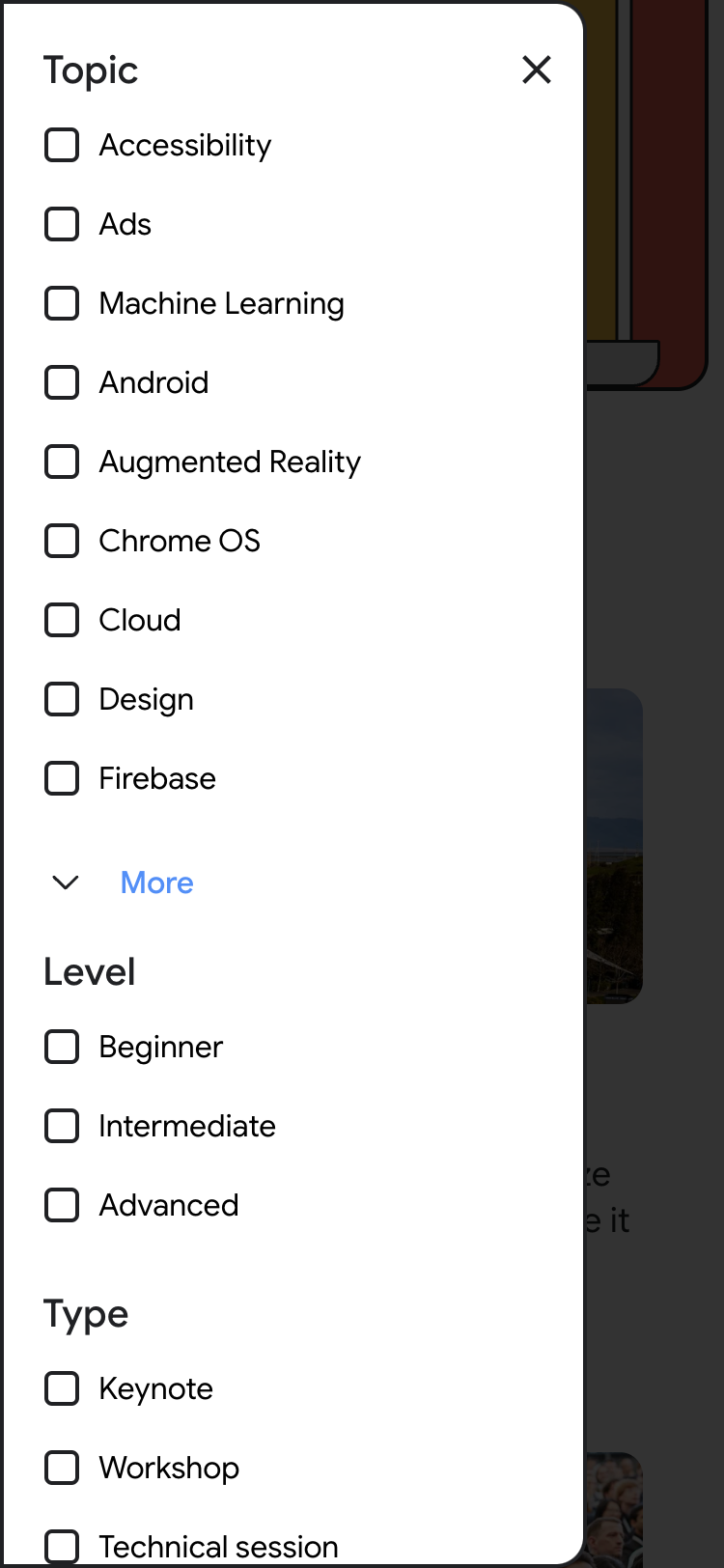 Mobile screenshot of the Google I/O 2022 program filters overlay. The overlay contains a list of filters such as 'Topic' and 'Level'. Each filter has a list of checkboxes.