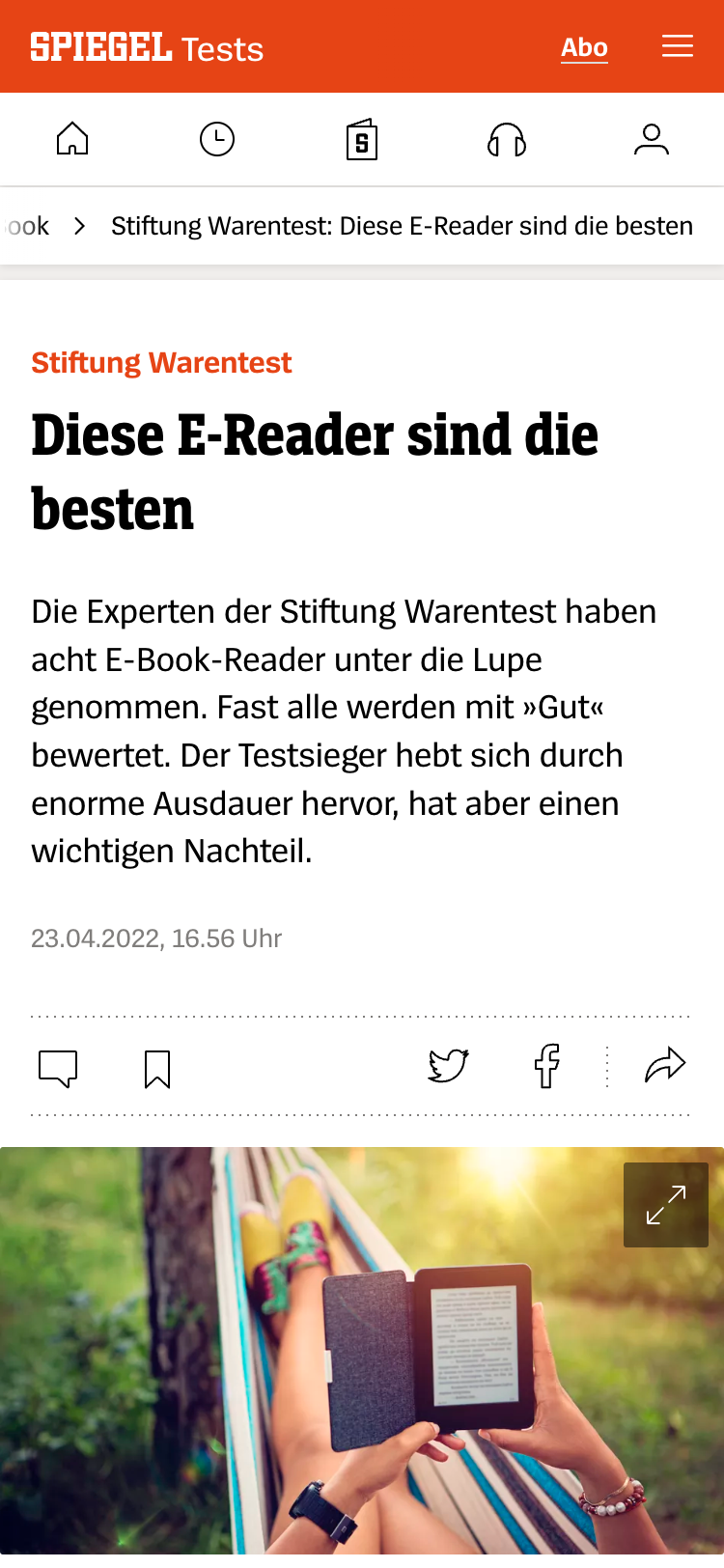 Mobile screenshot of an article on the Der Spiegel website. The header contains the Spiegel logo and a menu button. There is also a row of icons for navigation, including a house icon for the home page. The article title is followed a summary paragraph, a row of social media icons, and a full-width image.