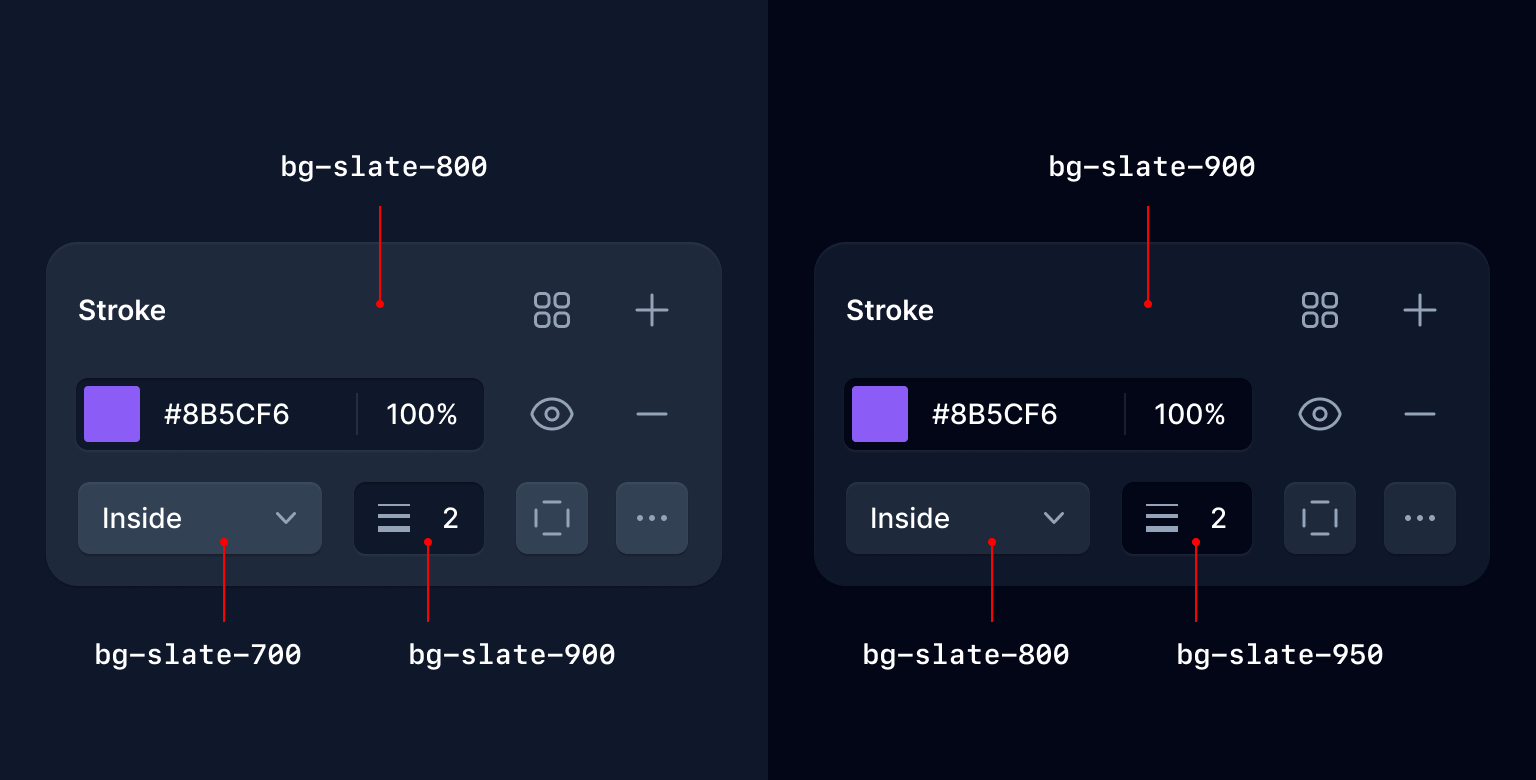 Comparison between two dark user interfaces, one using slate-900 as the darkest color and the other using slate-950 as the darkest color