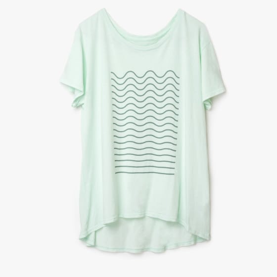Front side of mint cotton t-shirt with wavey lines pattern.