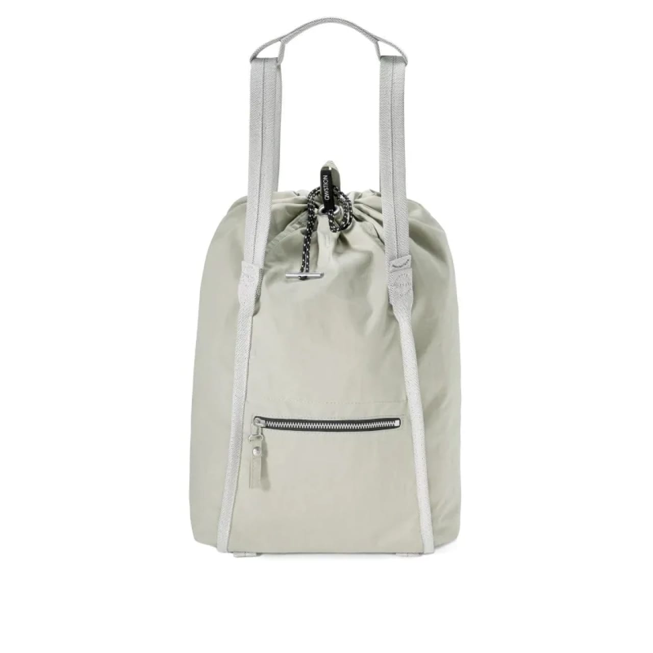Front of satchel with tan canvas body, straps, handle, drawstring top, and front zipper pouch.