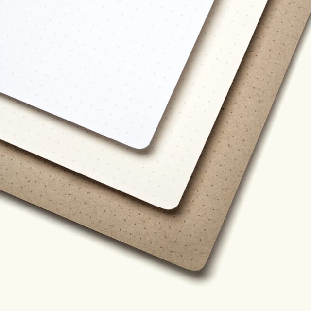 Detail of white today card, beige next card, and brown someday card with dot grid.